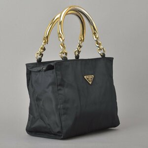 1円 美品 PRADA プラダ ハンドバッグ トートバッグ メタルハンドル ナイロン ブラック ゴールド 三角プレート 金属 チェーン 鞄 Ma.a