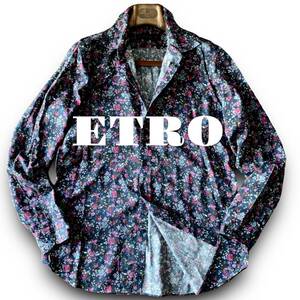 D11 極美品 大人の花柄！定価5万 Lサイズ『エトロ ETRO』イタリアンコットン 長袖 シャツ 鮮やかな小花柄 フラワー デザイン ブラック 黒