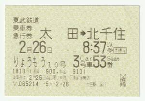 平成５年２月２６日　東武鉄道　太田→北千住乗車券・急行券りょうもう１０号　太田駅発行