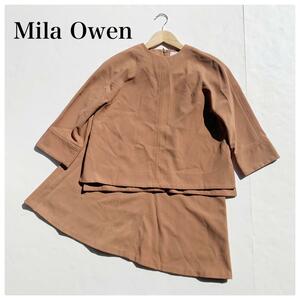Mila Owen ミラ オーウェン セットアップ トップス スカート ブラウン　サイズ0 S相当 レディース 上下セット ひざ丈 茶 無地 シンプル