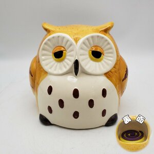 眠そうなフクロウの蚊取線香入れ 陶器製 黄色 ふくろう 梟 虫よけ アウトドア用品 キャンプ BBQ 和雑貨 昭和レトロ 古道具【80t2678】