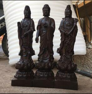 沈香木彫刻西方三聖阿弥陀仏駅像神像観音仏像家の家勢は置物まで 高さ22cm