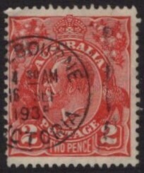 オーストラリア切手　ジョージ５世・普通切手 ２ペンス　赤色　使用済 1,000枚