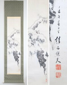 【真作】　 四条丸山派絵師　宝田桂山　雪松飛雀図　紙本軸装　掛軸　書画　日本画　