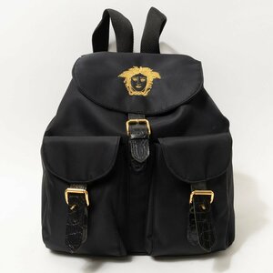 【1円スタート】GianniVersace ジャンニ・ヴェルサーチ 巾着型リュックサック バックパック メデューサ ブラック 黒 合成繊維 レザー 鞄