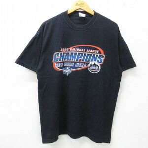 XL/古着 マジェスティック 半袖 ビンテージ Tシャツ メンズ 00s MLB ニューヨークメッツ コットン クルーネック 黒 ブラック メジャー