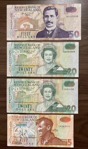 ニュージーランド・ドル　旧紙幣　50ドル　20 ドル（2枚）5ドル　エリザベス女王