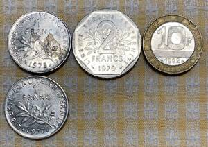● 【中古】フランス共和国 　1、2、10フラン　コイン　1975〜1992年　計4枚　ユーロ発行前