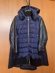 MONCLER モンクレール☆美品レア！BLOISダウンコート レザー切替 フード付き取り外し可 サイズ0 ネイビー紺×黒 ブロイス フレアAライン