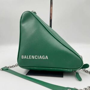 1円●美品●BALENCIAGA バレンシアガ triangle duffle トライアングル ダッフル XS チェーン ショルダーバッグ レザー ロゴ グリーン系