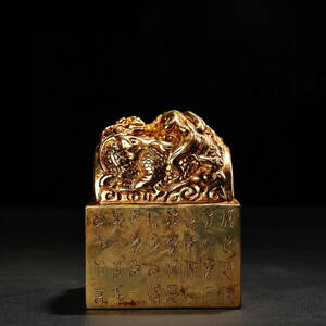 ▽鴻▽ 銅製 塗金 瑞獣印章 箱付 置物 古賞物 中国古玩 中国古美術