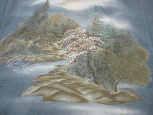 1円 良品 化繊 長襦袢 男性用 和装 浮世絵 京風景 家屋 五重塔 森林 高級 渋カッコいい 袖無双 身丈144cm 裄69cm【夢職】★★★