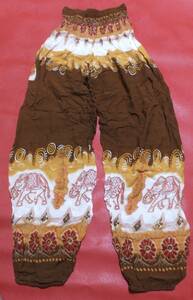 タイで購入 男女兼用 茶色 象柄 タイパンツ ポケット付 フリーサイズ アジアン エスニック ヨガ ダンス ピラティス ルームウェア 送料230円