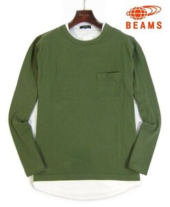 E土05407新品▼ ビームス BEAMS フェイクレイヤー ロングスリーブTシャツ 長袖Tシャツ 【 M 】 長袖カットソー 重ね着 ロンT オリーブ系