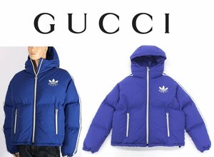 40万新品◆50=L◆グッチ GUCCI×adidasコラボ 3ストライプ×コラボロゴプリント イタリア製ダウンジャケット 青 1円