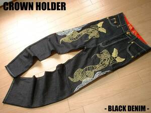 CROWN HOLDERコブラ刺繍ブラックジーンズ黒お勧め美品W32(88cm)正規クラウンホルダー蛇スネークデニムパンツスカジャン刺繍