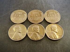  小麦1セントコイン 1950年～1959年6枚セット D刻印 送料無料 （13206）リンカーン 貨幣 硬貨 ペニー 北アメリカ古銭 USA
