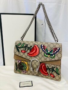 美品★GUCCIグッチ ディオニュソス チェーンバッグ 肩掛けバッグ 蝶 花柄 GGスプリーム レディース PVC×スエード★40348