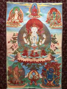 卍　西蔵密教　◆ 織物　『観音菩薩　４手　』 90cm 　　　検索；刺繍　仏画　チベット　仏像　D9