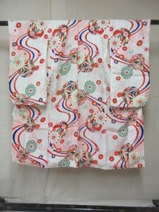 1円 中古 正絹 女児 子供着物 錦紗縮緬 七五三 和装 和服 アンティーク 毬 流水 唐花 高級 袷 身丈116cm 裄55cm【夢職】★★★