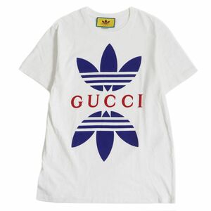 美品□GUCCI×adidas グッチ アディダス 548334 トレフォイル ロゴプリント コットン クルーネック 半袖Tシャツ ホワイト XS 伊製 正規品