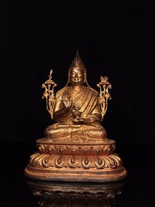◆古寳堂◆清 銅製 撒金 宗喀巴像 仏教古美術 供養品 極細工 古置物 古擺件 中国古美術 時代物 古董品