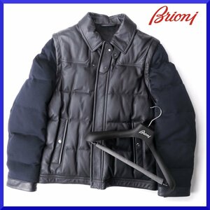 価格120万新品本物ブリオーニBRIONI【極上◎本革レザー×カシミヤ】2in1◎ベスト×ダウンジャケットブルゾン/最高級/メンズ紳士【50】