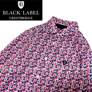 美品 ブラックレーベルクレストブリッジ モザイク調の花柄が美しい ロゴ刺繍 長袖 シャツ M ピンク ネイビー 総柄 BLACK LABEL CRESTBRIDGE