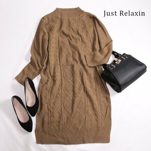 美品 厚手 マタニティ Just Relaxin 株) ワールド ■ 冬 あったか ケーブル編み プルオーバー ニットワンピース キャメル