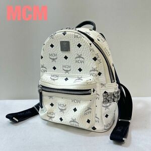 II0021★10.2 近年モデル 高級 MCM エムシーエム 総柄 レザー ロゴ 金具 スタッズ ミニ リュックサック ボディーバッグ 鞄 白黒 スタッズ