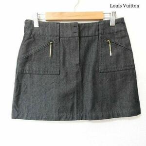 極美品 Louis Vuitton ルイヴィトン サイズ34 デニム ミニ丈 台形スカート ミニスカート ロゴ ジッパーフライ 黒 ブラック