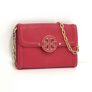 【中古】TORY BURCH チェーン ショルダーバッグ レザー ネオンピンク