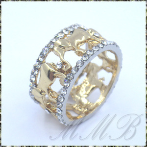 [RING] Yellow & White Gold Plated 3D Lucky Elephant 幸運の象徴 開運 ゴールド エレファント クリスタルCZ エターナルリング 15号