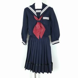 1円 セーラー服 スカート スカーフ 上下3点セット 冬物 白2本線 女子 学生服 中学 高校 紺 制服 中古 ランクC NA4518