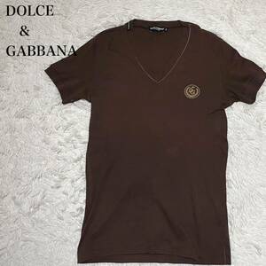【抜群の存在感】ドルチェアンドガッバーナ　DOLCE&GABBANA Tシャツ　Ｖネック　半袖　メンズ　ワッペン　ワンポイント　ブラウン　50 XL