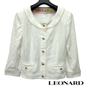 LEONARD / レオナール レディース 綿100% ノーカラー ジャケット ホワイト 金ボタン 9AR 日本製 I-3873