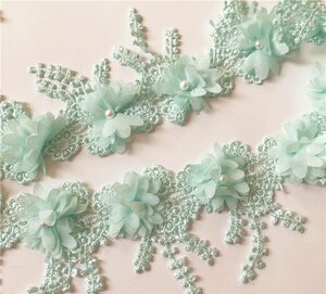 ハギレAZ042ミント 1M 　立体お花リボン　お花フリンジ　フリンジ レース　パール付き　刺繍リボン　花柄レースリボン