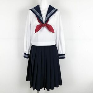 1円 セーラー服 スカート スカーフ 上下3点セット 155A 中間服 グレー3本線 女子 学生服 高知岡豊高校 白 制服 中古 ランクC NA3486