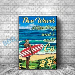大判 40×60 ポスター/ハワイアン サーファーガール 海 波 ハワイ サーフ サーフィン フラダンス サーファー ビーチ 絵 風景 自然 ブルー