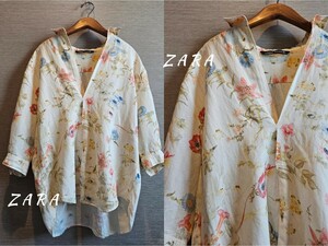 ザラ ZARA ナチュルな風合い♪ラミーリネン♪花柄♪シャツ ブラウス