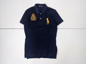 18．ラルフローレン POLO RALPH LAUREN ビックポニー エンブレム 鹿の子 ラガーシャツ ポロシャツ メンズM ネイビー黄色緑 x309