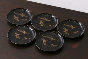 R-039368　アンティーク雑貨　和製アンティーク　56寸桔梗鳥蒔絵木製菓子皿5枚セット(漆器)(R-039368)