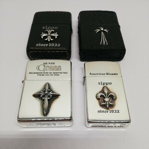 レ) 【まとめ】 ZIPPO ジッポー オイルライター CROSS アメリカンクラシック メタル貼 シルバー 喫煙具 中古 管理K レザーケース