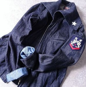 BLUE BLUE ハリウッドランチマーケット セーラーカラー ジップ デニム シャツ ジャケット ワッペン 星 スター 水兵 日本製 (1) o-699