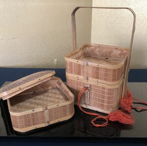 《R》煎茶道具 竹製 提籃 煎茶籠 茶籠 時代　（240424C5）