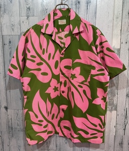 ハワイ製 ビンテージ コットンアロハシャツ グリーン×ピンク 70s