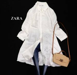 ザラ ZARA 大人可愛い☆ リネンブレンド 麻混 カットワーク刺繍 パンチングレース デザインシャツチュニック S レイヤードコーデ 羽織にも