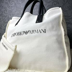 大容量●美品EMPORIO ARMANI エンポリオアルマーニ トートバッグ キャンバス レザー デカロゴ ビジネス A4 メンズ 現行 ホワイト 黒 白