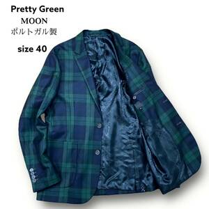 新品同様 Pretty Green MOON ポルトガル製 プリティー グリーン ムーン テーラード ジャケット 2B ウール 緑 チェック 裏地総柄 M相当 40