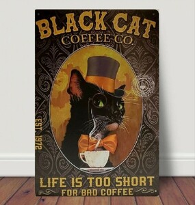 ブリキ看板　HANAKO　レトロ　猫カフェ　猫の看板　L2　黒猫　喫茶店　トップハット　ウェルカムボード